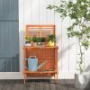 Folding Garden Potting Bench with 2-tier Storage Shelves and Teak Oil Finish for Garden Yard Balcony